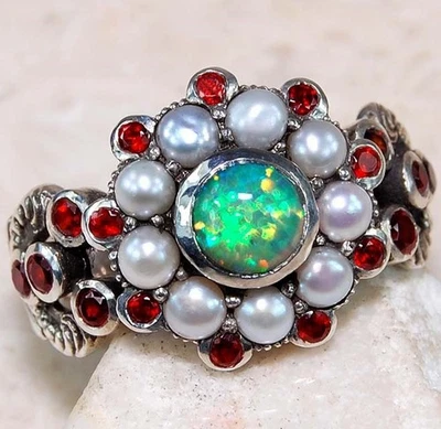 Anillo de filigrana de plata esterlina 925 granate de fuego y ópalo de fuego azul de 2 quilates talla 6,7 US3 Foto 1 de 3