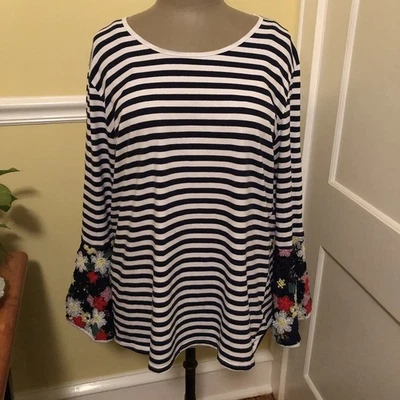 BEREK Black and White Striped Top with Embroidered Floral Bell Sleeves Size XL - Image 1 of 4