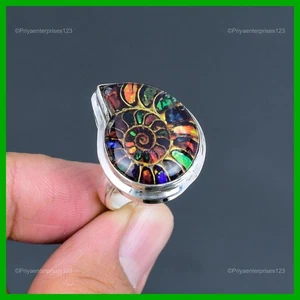 Sterling Silver Multi Shade Ammonite Fossil Gemstone Halloween Solitaire Ring - Picture 1 of 11