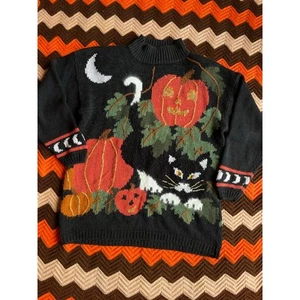 Vintage 90s Black Cat in Pumpkin Patch Halloween Sweater by Spice of Life - Bild 1 von 11