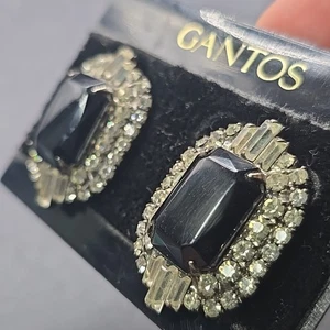 Vintage Glitzer Strass Statement Gantos Ohrringe schwarz oval kräftig facettiert - Bild 1 von 10