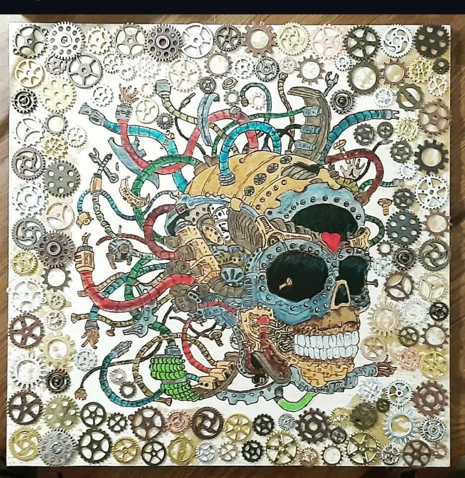 Multimedia él y ella sobre madera, acuarelas, pirografía, vidrio, metal Foto 1 de 2