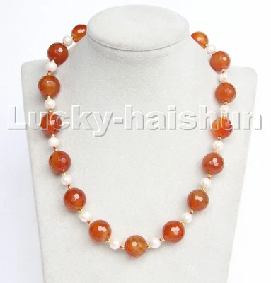 Collar natural 18" 14mm redondo en cubitos facetado rojo ágata perlas blancas c203 Foto 1 de 4
