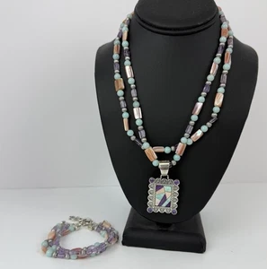 Carolyn Pollack 925 Silver Gemstone Beaded Bracelet +Inlay Enhancer 36” Necklace - Picture 1 of 14
