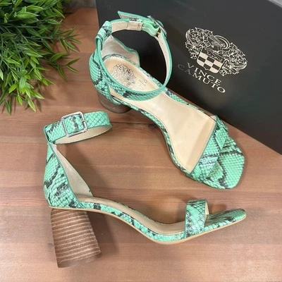 Vince Camuto Mejorla Leather Two Piece Green Snake Heeled Sandals Wide Width - Image 1 of 4
