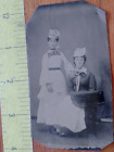 Antique 1800s Tin Type Photo Two Women Elegant Dresses Hats Hand Tinted #17076