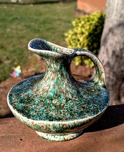 Vintage Mid Century Modern Splatter Drip Pottery Pitcher Vase Green Brown 5.5" - Picture 1 of 12
