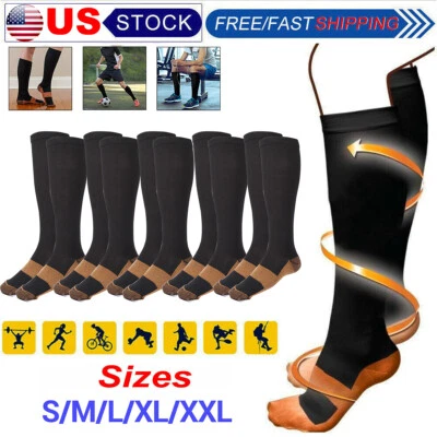 (5 Pairs) Knee High Copper Compression Socks Graduated Suppor Mens/ Womens S-XXL - Image 1 of 4