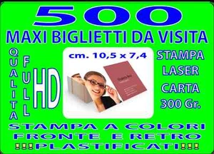 500 BIGLIETTI DA VISITA MAXI CM 7 X10 A COLORI FRONTE E RETRO PLASTIFICATI - Foto 1 di 1