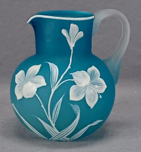Antique Bohemian Hand Enameled Florentine Cameo White Floral & Blue Pitcher - Picture 1 of 8