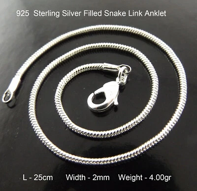 Anklet Real 925 Sterling Silver Filled Solid Fine Snake 2m Link XL Bracelet 25cm - Image 1 of 2