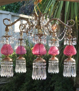 Fenton Chandelier lamp 5lite Vintage cranberry glass Brass Bronze Ceiling fixtur - Picture 1 of 12