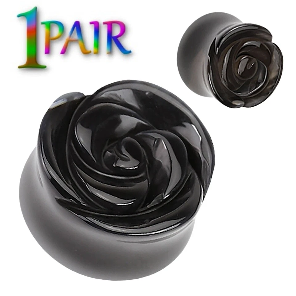 Par de tapones de piedra rosa ágata negra 8g-25mm medidores de doble llamarada túneles oreja 1434 Foto 1 de 2