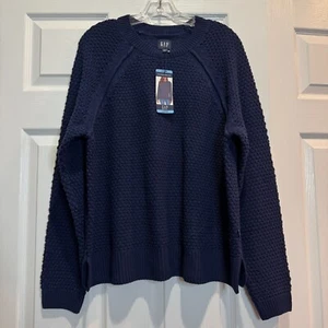 Gap Textured Knit Crewneck Raglan Pullover Sweater Navy Blue Womens Large NWT - Picture 1 of 19
