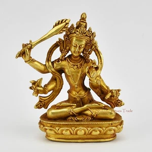 Gold Plated Fine Quality Tibetan Four Armed Manjushri Copper Statue Patan Nepal - Bild 1 von 4