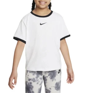 Nike Little Kids' Girls' Swoosh Ringer T-Shirt sz 6 White Black - Picture 1 of 7