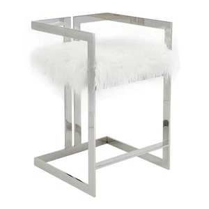 Pemberly Row 23.6" Stainless Steel & Faux Fur Counter Stool in White - Picture 1 of 2