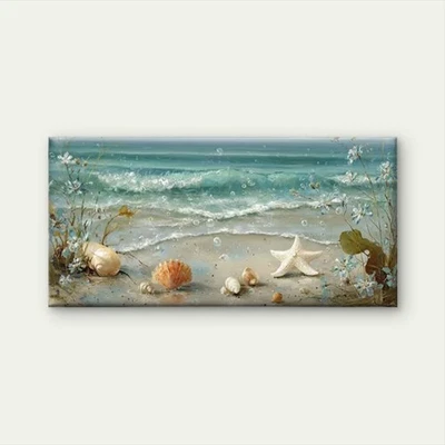 Ocean Waves, Starfish & Seashells Unframed Canvas Painting for Living - Image 1 of 4