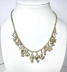 Vintage Silver Tone Charm Necklace Ocean Sea Life Dolphin Seahorse Starfish 18" - Picture 1 of 7