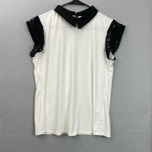 AUW Women’s Medium Top White With Black Collar Embroidered Short Sleeves Blouse - Picture 1 of 9