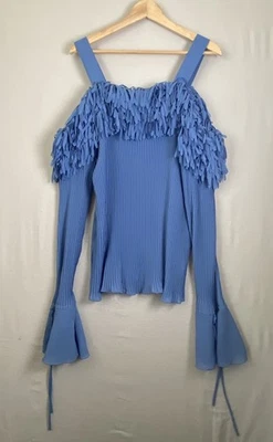 Kaelyn Max Women Blue Top Pleated Shred Fringe Off Shoulder Bell Sleeve Sz 3X - Image 1 of 4