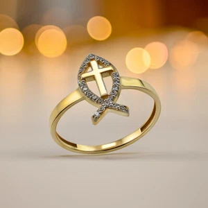 Gold Christian Faith Ichthys Fish Diamond Ring for Women - Picture 1 of 24