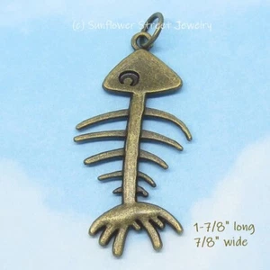 Bronze Fish Bones Charm Pendant 04039-P Fish Skeleton Fishing Retro Tribal - Picture 1 of 4