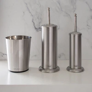 Stainless Steel Trash Can Plunger and Toilet Brush Iron Collection Set Bathroom - Picture 1 of 10