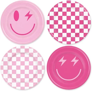 32Pcs Preppy Paper Plates Smile Face Plaid Disposable Plates 9 Inch Pink Decorat - Picture 1 of 7
