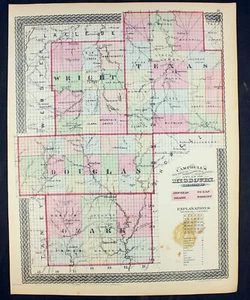 1873 Missouri Counties of Douglas Ozark Texas Wright Map Color Original - Picture 1 of 6