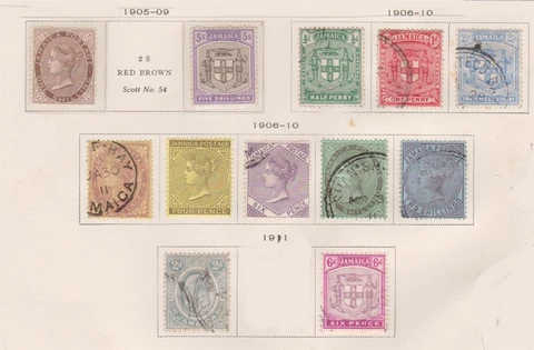 (F198-32) 1905-9 Jamaica 4lots 12stamps QVIC, ARMS &Edward VII 1/2d to 2/- (AG) Cover