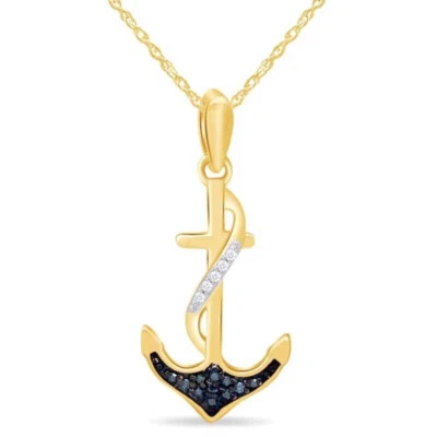 Collar Ancla 1/15 ct dos Diamantes Azules Chapado en Oro Amarillo 14K Foto 1 de 4