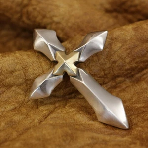925 Sterling Silver Huge Sword Cross Pendant (Brass in the middle) TA409A - Picture 1 of 16