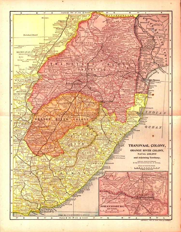 TRANSVAAL COLONY, ORANGE RIVER, NATAL COLONY, AFRICA Antique S.Africa map 1904 - Image 1 of 1