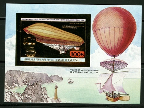 Guinea 1983 Balloon Paul Haenlein Space Gold Foil Michel 944 Bloc 68B Imperfect Cover