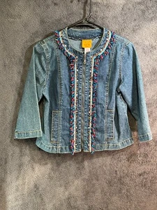 Vintage Ruby Rd. Collarless Full-Zip Beaded Fringe Denim Jacket Size 4P Petite - Picture 1 of 24
