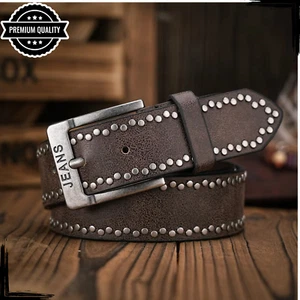 Mens Cowboy Leather Vintage Belt Buckle Casual Western High Quality Dark Brown - Picture 1 of 14