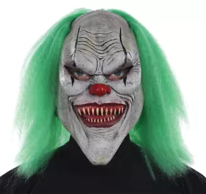 EVIL SCARY DEMENTED PSYCHO CLOWN LATEX MASK WITH GREEN HAIR COSTUME MR131301 - Picture 1 of 4