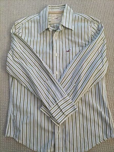 Hollister California Men's Long Sleeve Shirt Medium Striped Green White Brown - Picture 1 of 12