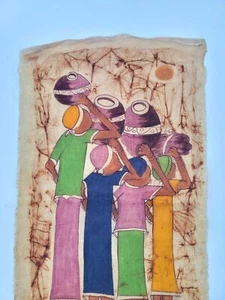 Vintage African Batik Original Art Beautiful Women Walking Water Pots -Signed - Picture 1 of 6