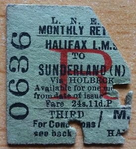 LNER Railway Ticket - Halifax (LMS) to Sunderland (N) via Holbeck - Closed 1958 - Picture 1 of 2