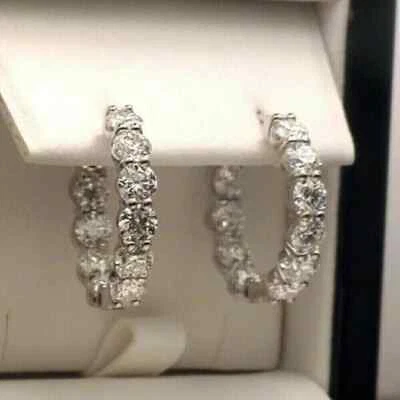 3.00 Ct Round Lab Created Diamond Women's Hoop Earrings 14K White Gold Finish - Image 1 of 4