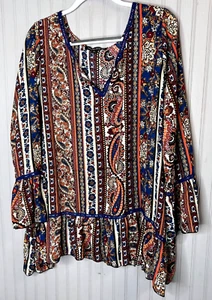 Living Doll Womens TOP 1X Boho Paisley Crocheted Ruffle Blue Orange Hippie - Picture 1 of 12