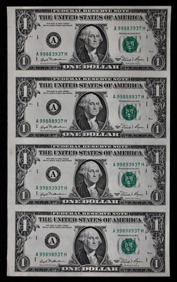 UNCUT SHEET of 4, $1 1981 CU Federal Reserve Notes A99883937H-A99898937H ppA2-D2 - Image 1 of 2