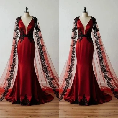 Gothic Mermaid Satin Wedding Dresses With Cape Red Lace Applique Bridal Gowns - Image 1 of 4