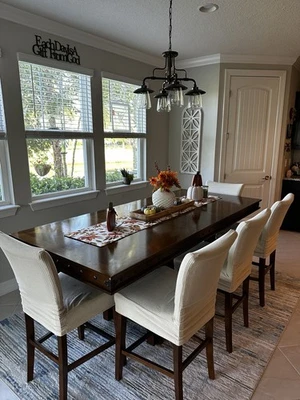 Large Wood Dining Room Table With 8 Chairs And A Bench - Image 1 of 4