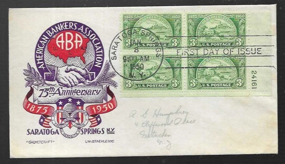 AMERICAN BANKERS ASSOC 75TH ANNIV FEDERAL BANK PLATE#BLOCK 1950 STAEHLE FDC PENC - Image 1 of 1