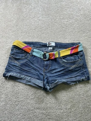 SO Denim Shorts Womens Size 13 Blue Distressed Raw Hem Jean Rainbow Belt Summer - Image 1 of 4