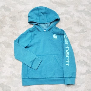 Carhartt Sweatshirt Youth 5 Blue Pullover Hooded Pockets Workwear - Picture 1 of 11