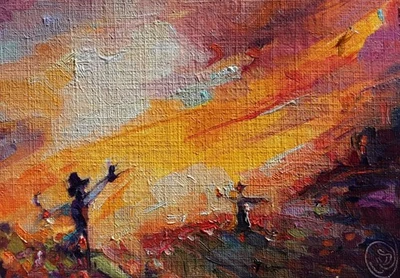 Scarecrows #4 Original ACEO Oil Painting "Hello Over There " by Lee Ellen Smith - Image 1 of 3